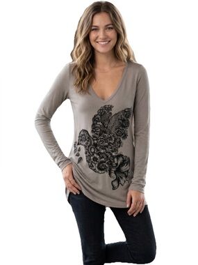 Lauren Moshi Flower Bird V-Neck Long Sleeve Women’s Gray Size Small